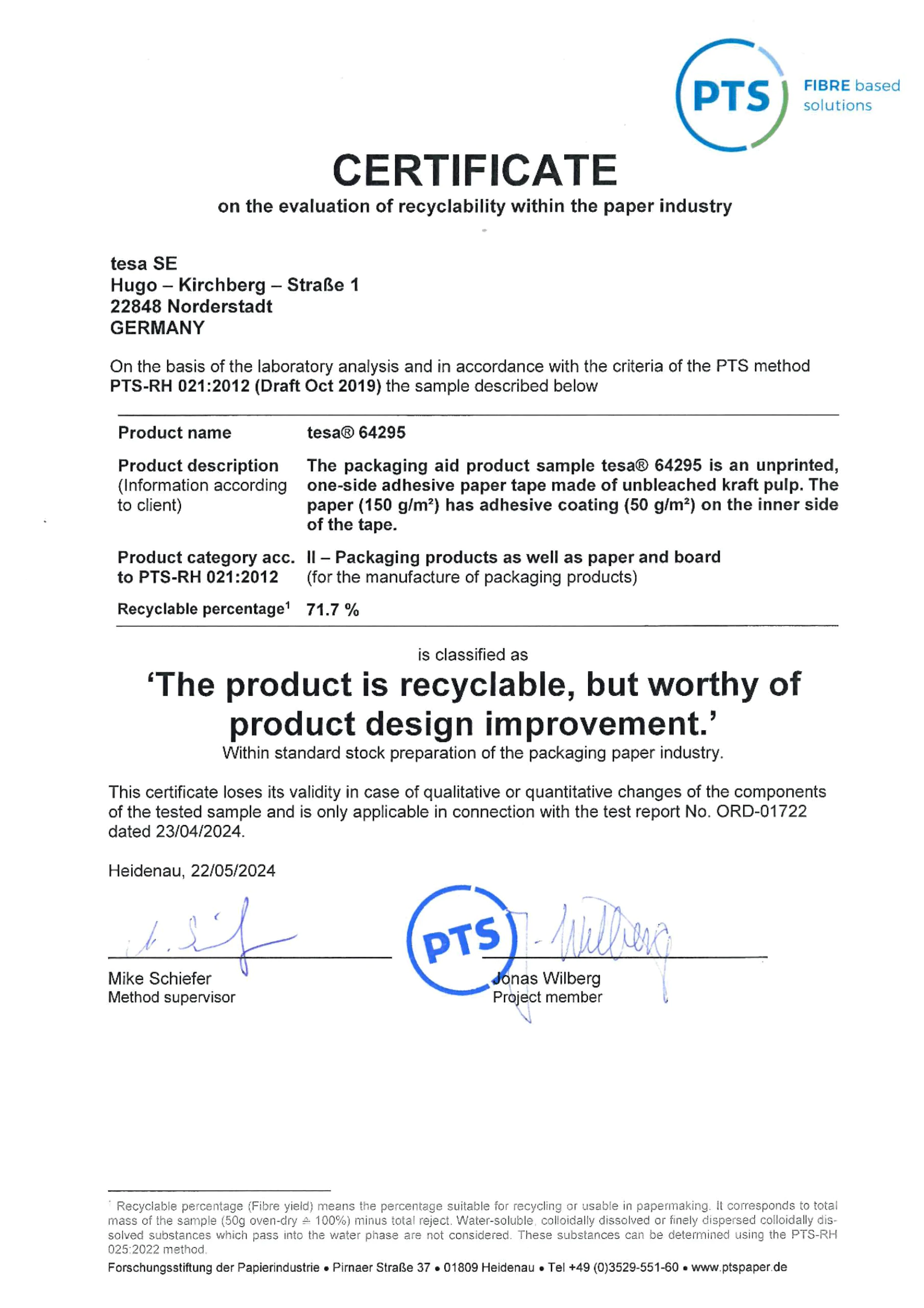 Recyclability of tesa® 64295 tested according to PTS-RH 021:2012.