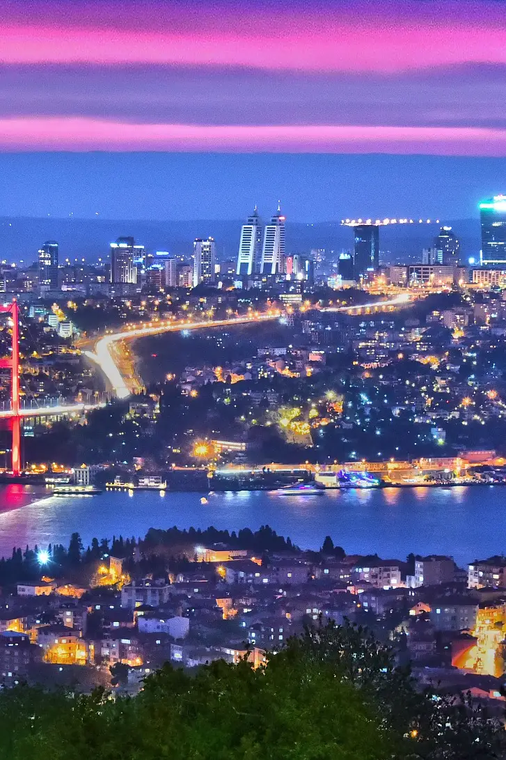 Panoramic view of Istanbul with the Bosphorus Bridge over Bosphorus strait.