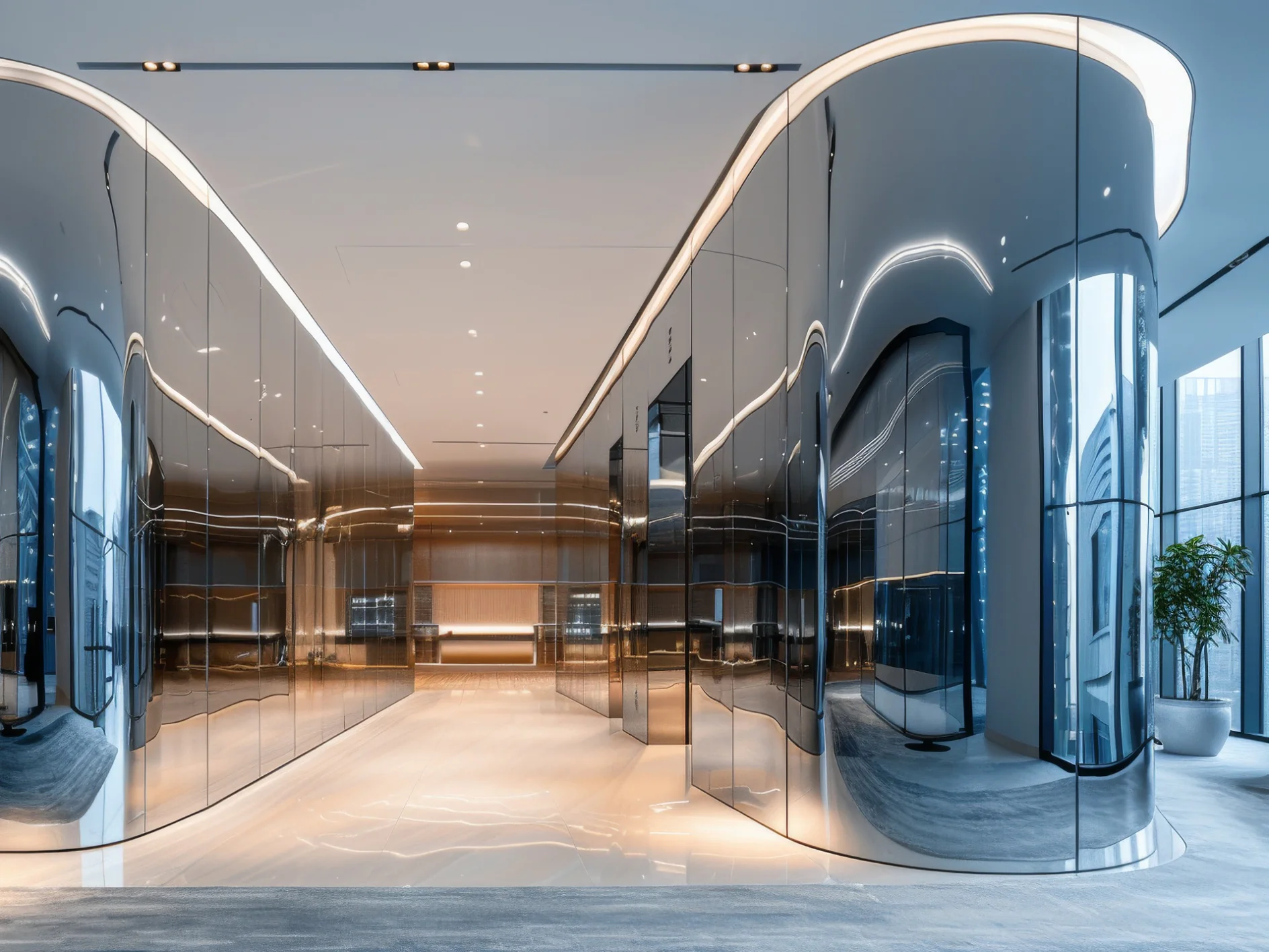 An innovative office design with a reflective mirror exterior.