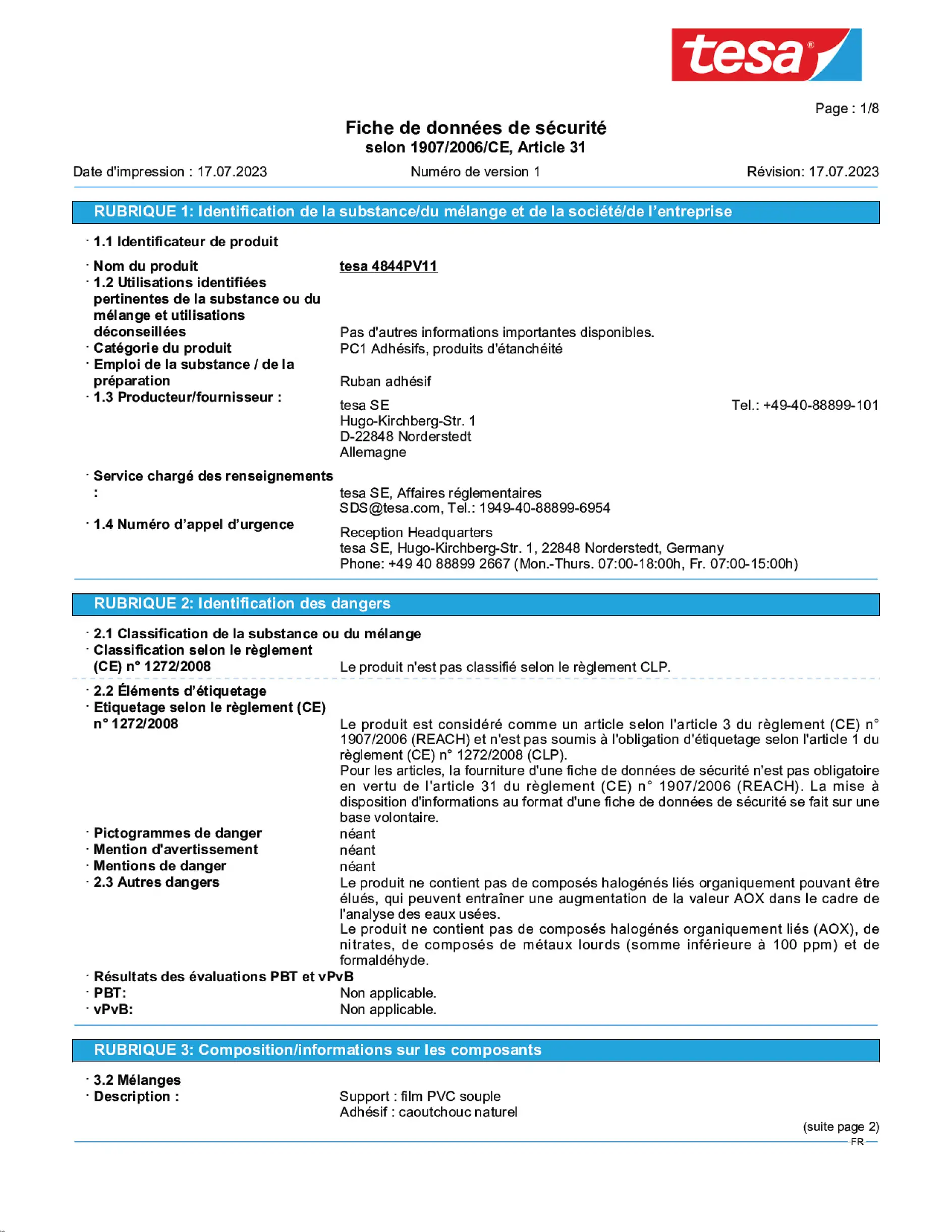 Safety data sheet_tesa® Professional 67001_fr-FR_v1