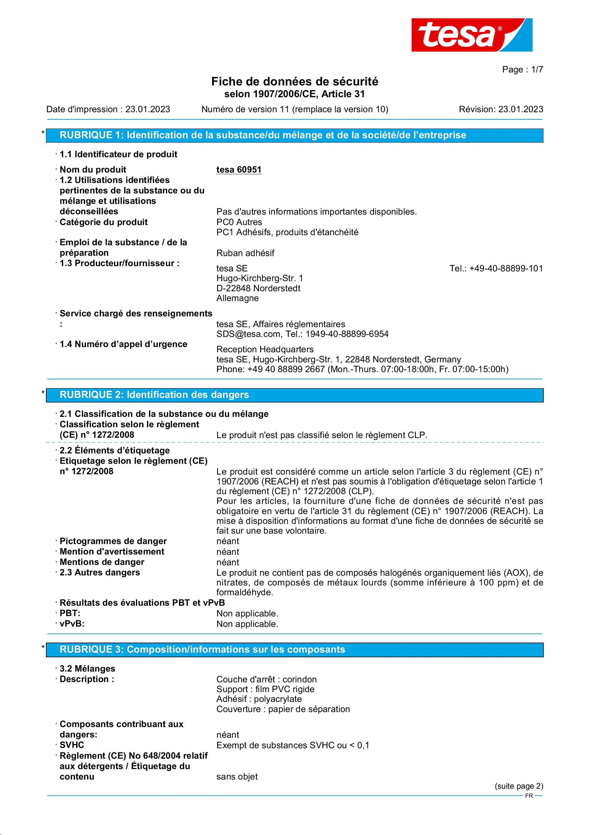 Safety data sheet_tesa® Professional 60951_fr-FR_v11