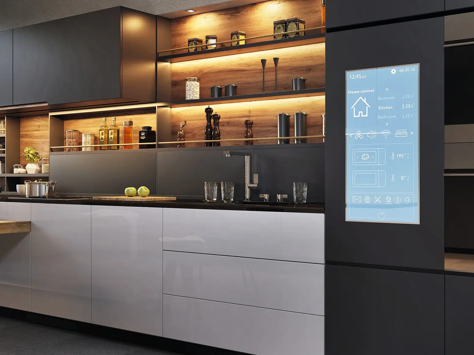 Panneau de commande pour maison intelligente dans une cuisine moderne