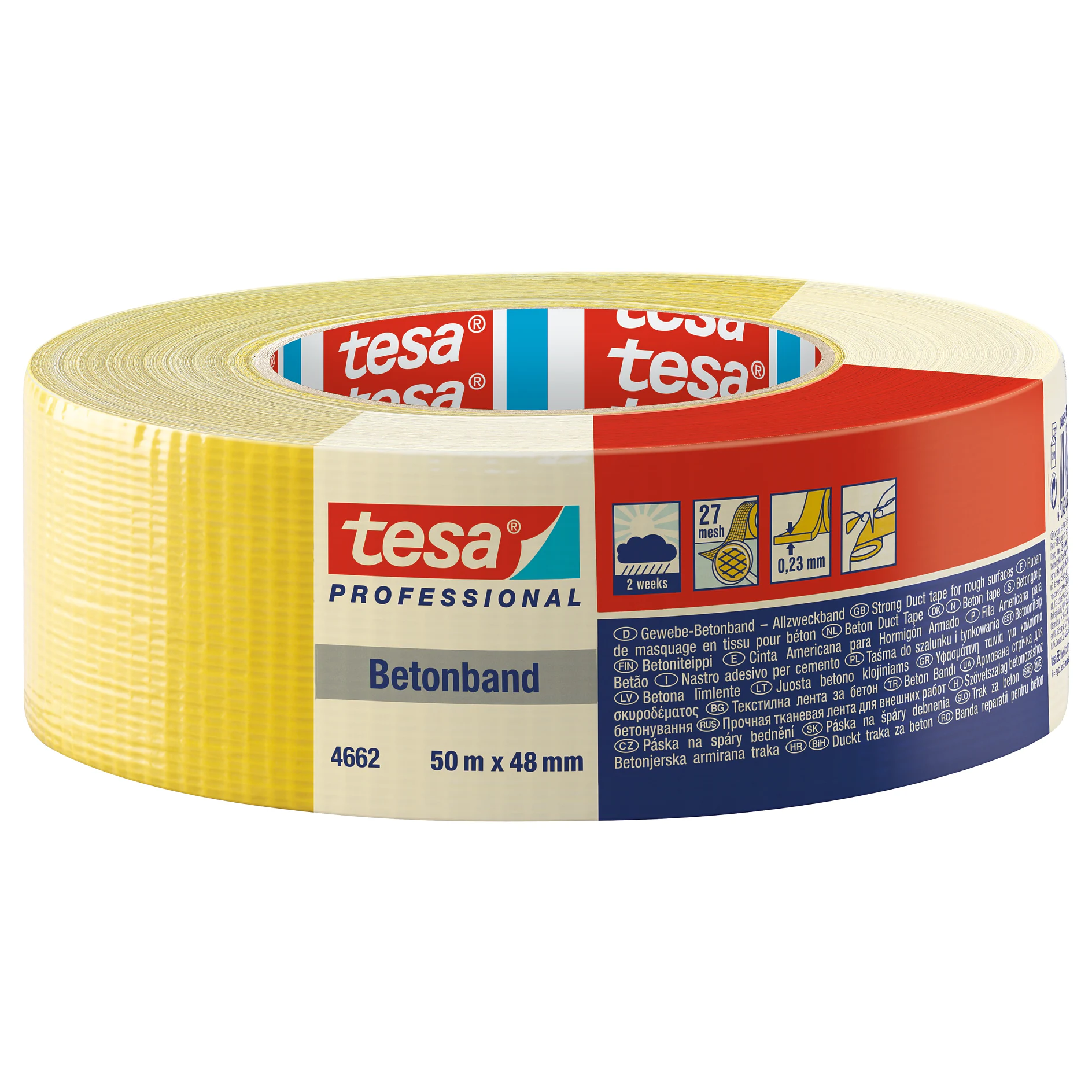 [en-en] tesa Duct tape yellow, 50m x 48mm<br />
[de-de] tesa Betonband, gelb, 50m x 48mm