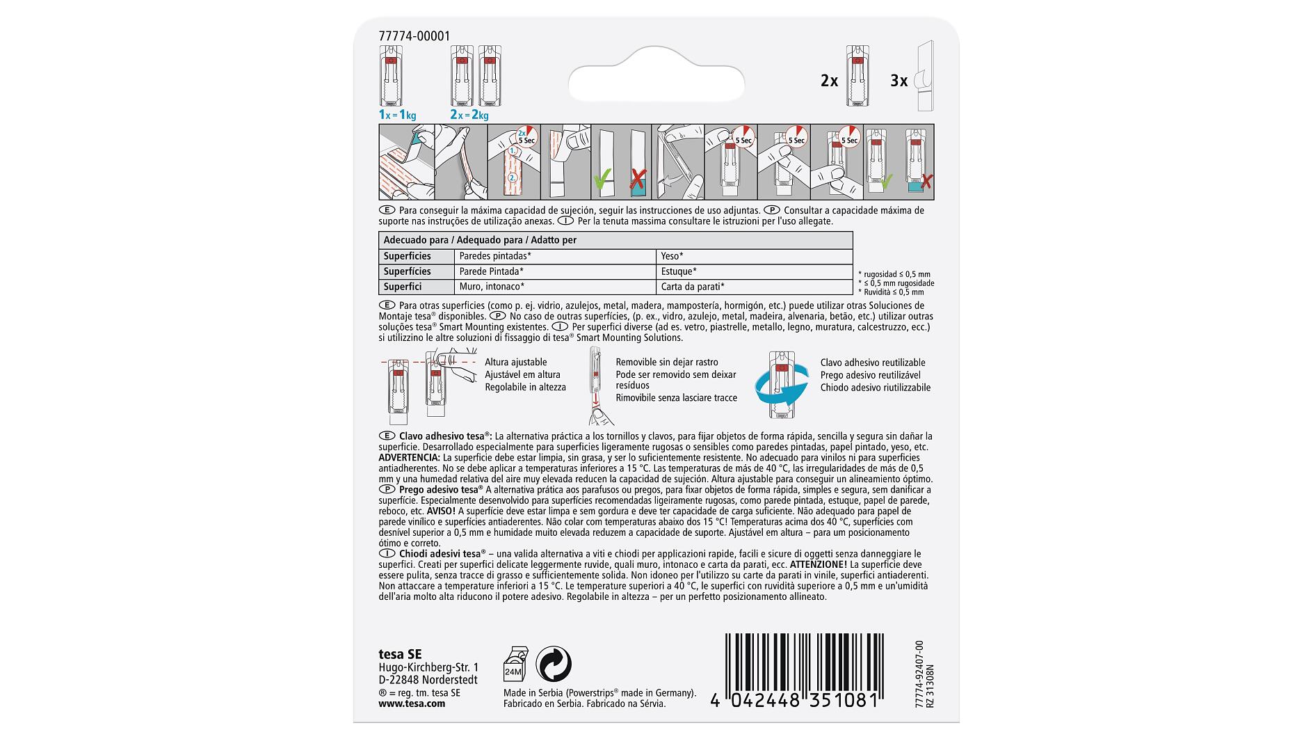 Ganci adesivi fissi bianchi per muro intonaco e carta da parati bl.2 pz.  TESA 77772 