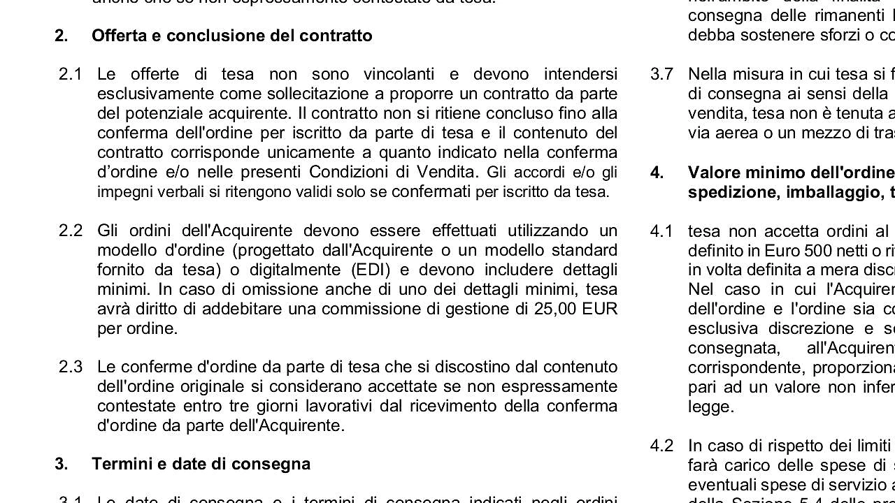 Termini e condizioni di vendita e spedizione di tesa spa