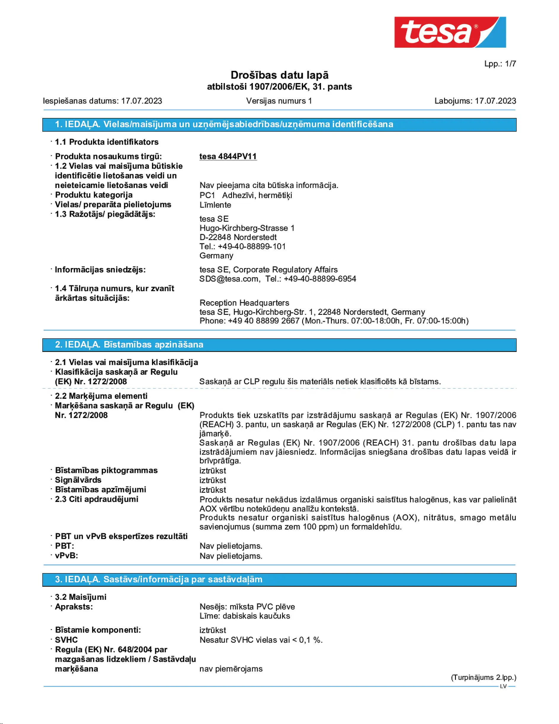 Safety data sheet_tesa® Professional 67001_lv-LV_v1