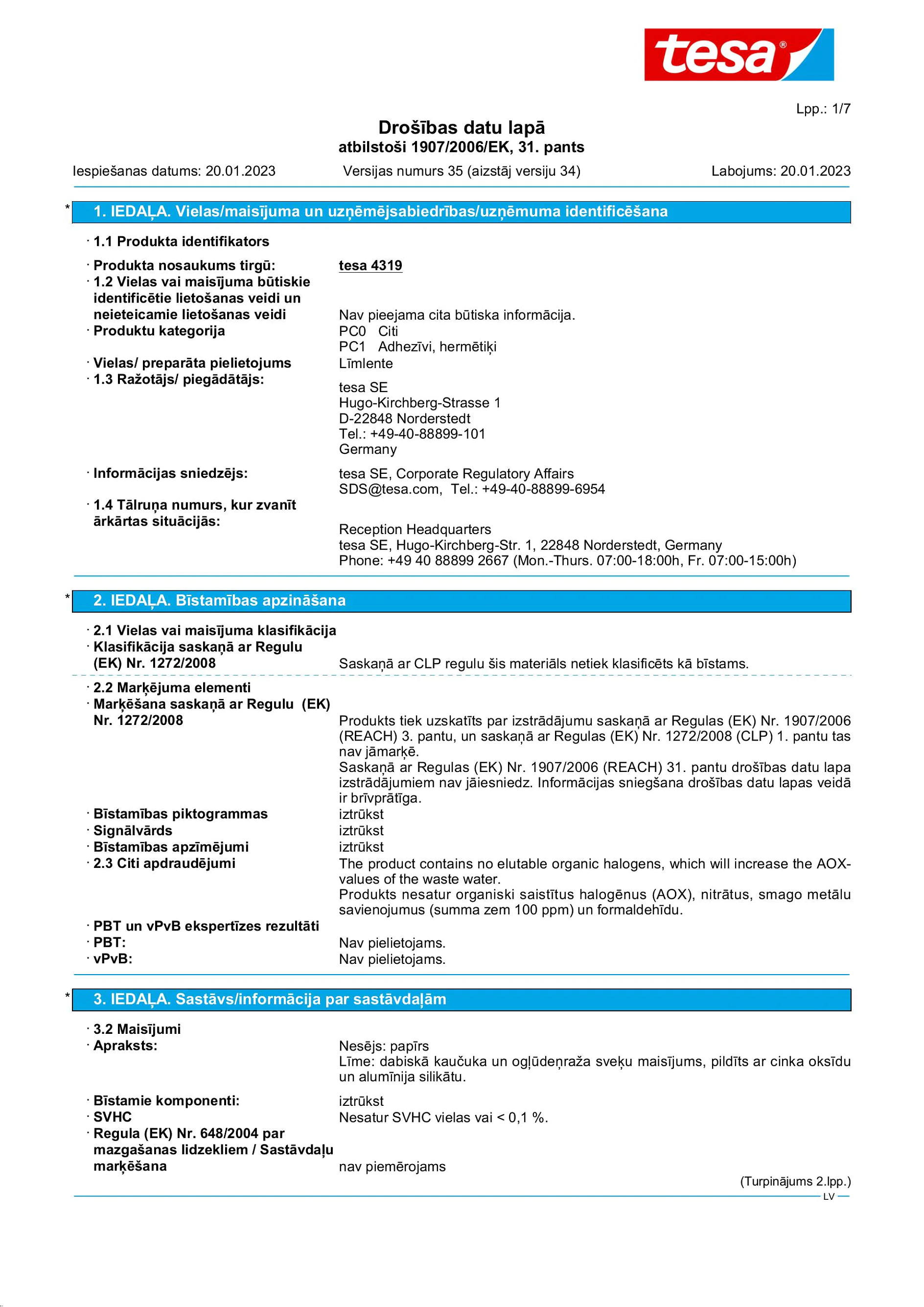 Safety data sheet_tesa® Professional 04319_lv-LV_v35