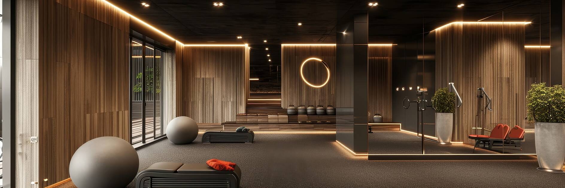 Modern gym interior design. Luxury fitness and stretching room with wood details and black ceiling. 3D Rendering, 3D Illustration, Generative AI