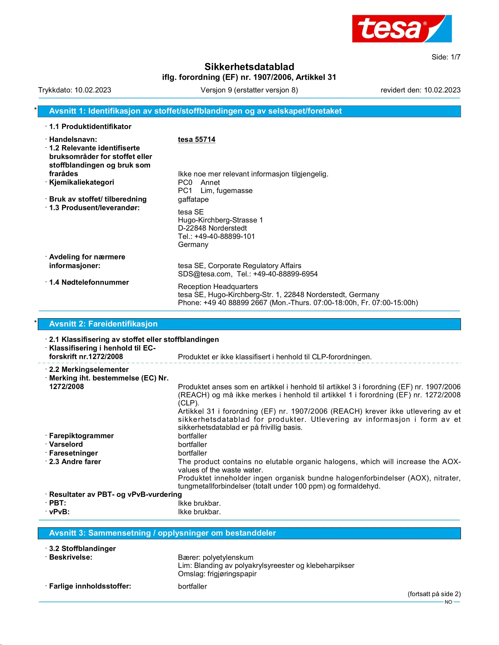 Safety data sheet_tesa® Powerbond 55714_nb-NO_v9