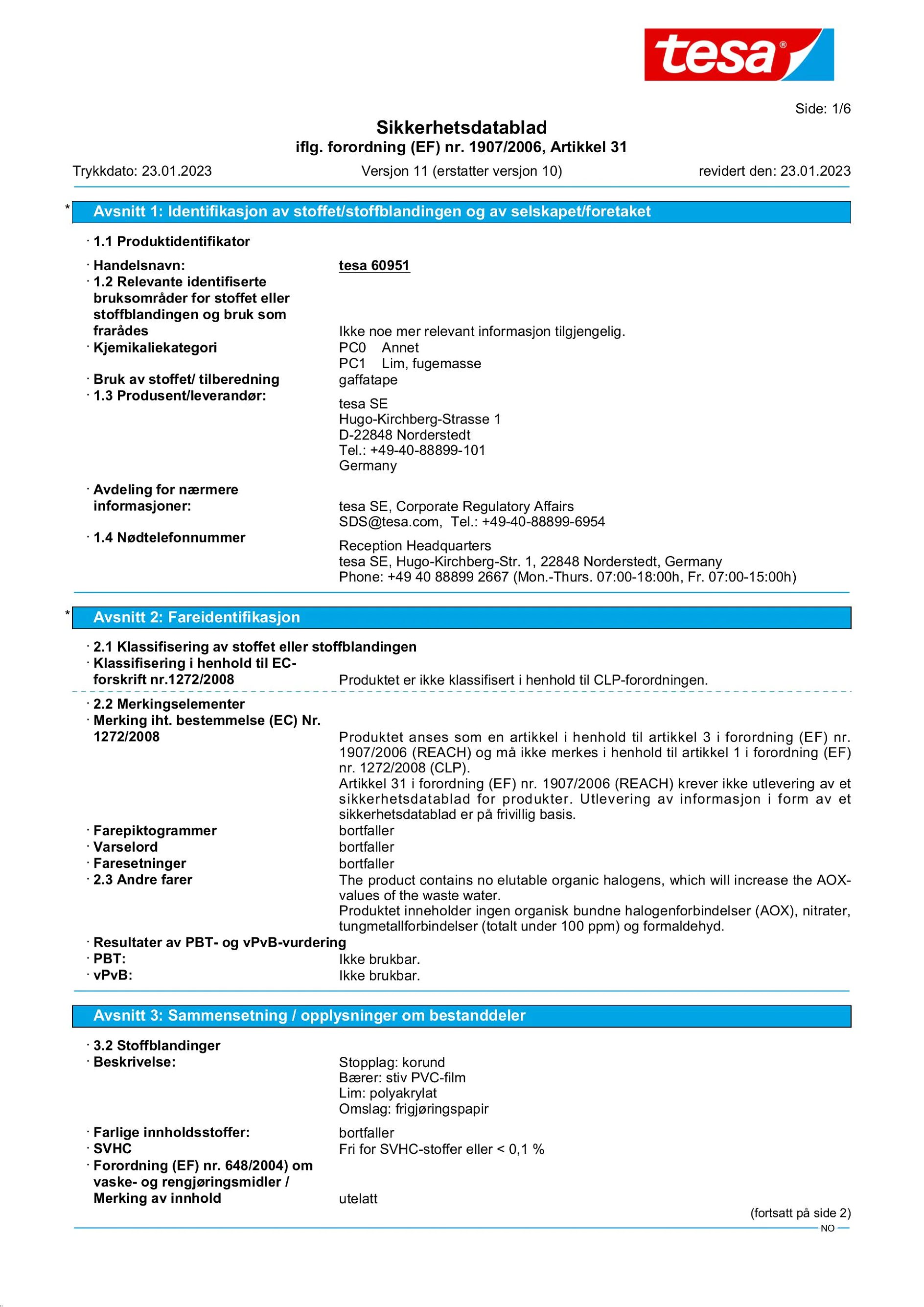 Safety data sheet_tesa® Professional 60951_nb-NO_v11