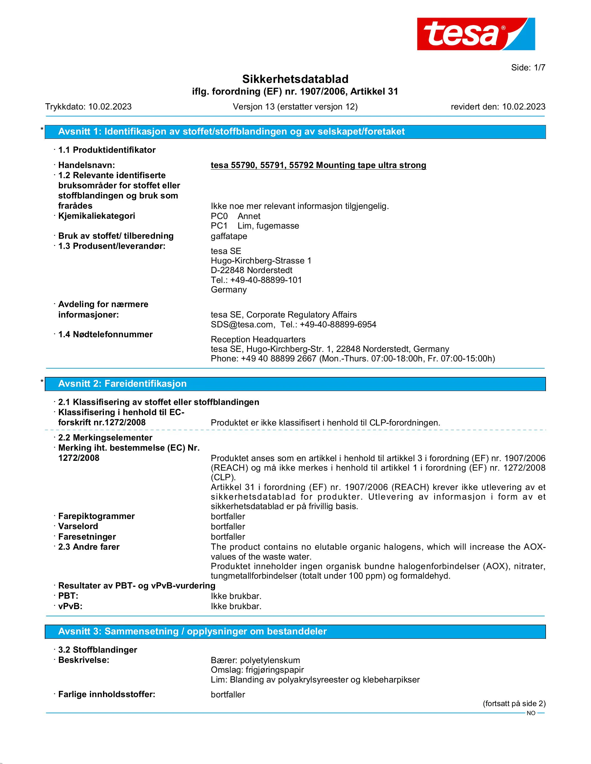 Safety data sheet_tesa® Powerbond 55791_nb-NO_v13