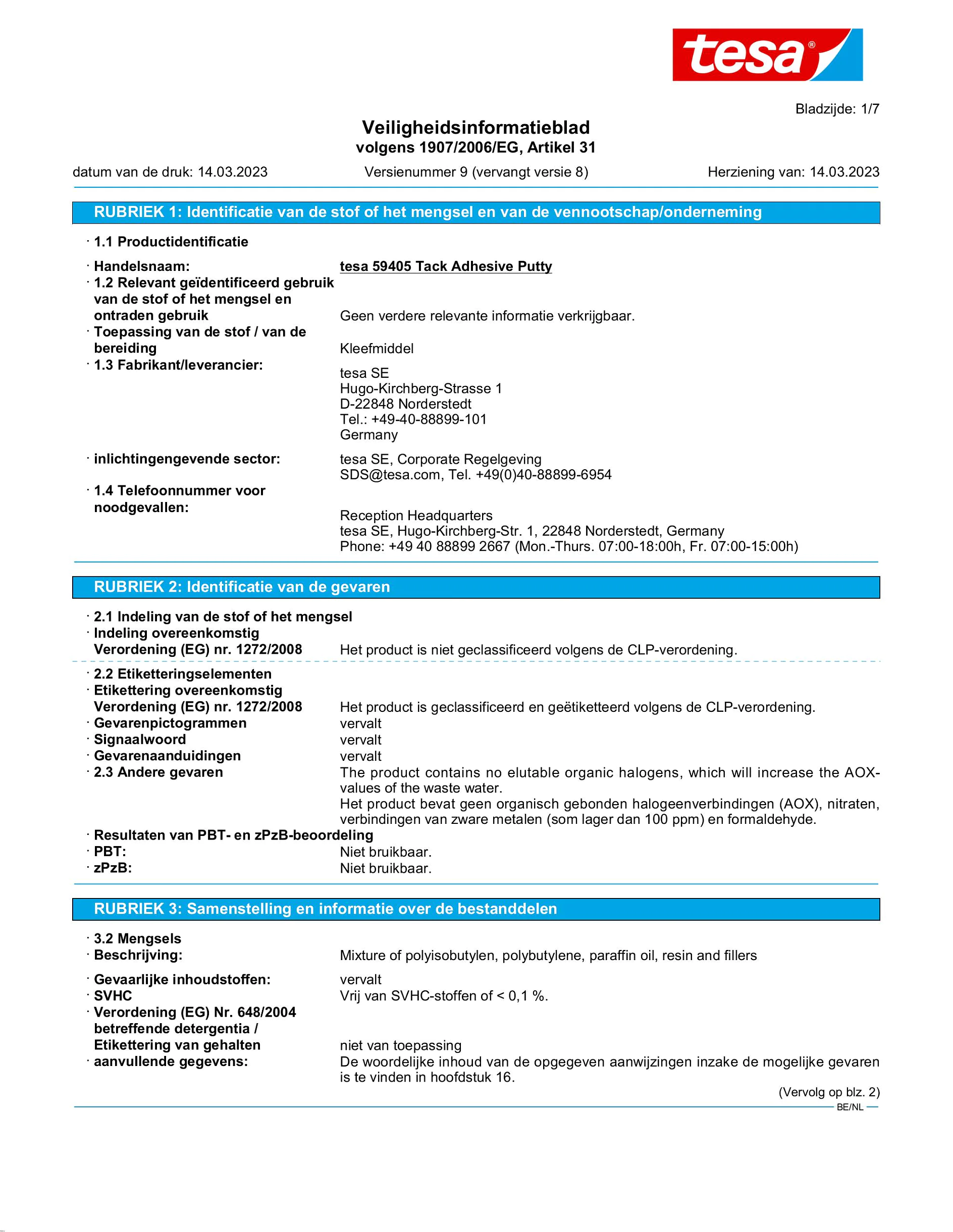 Safety data sheet_tesa® Tack 59405_nl-BE_v9