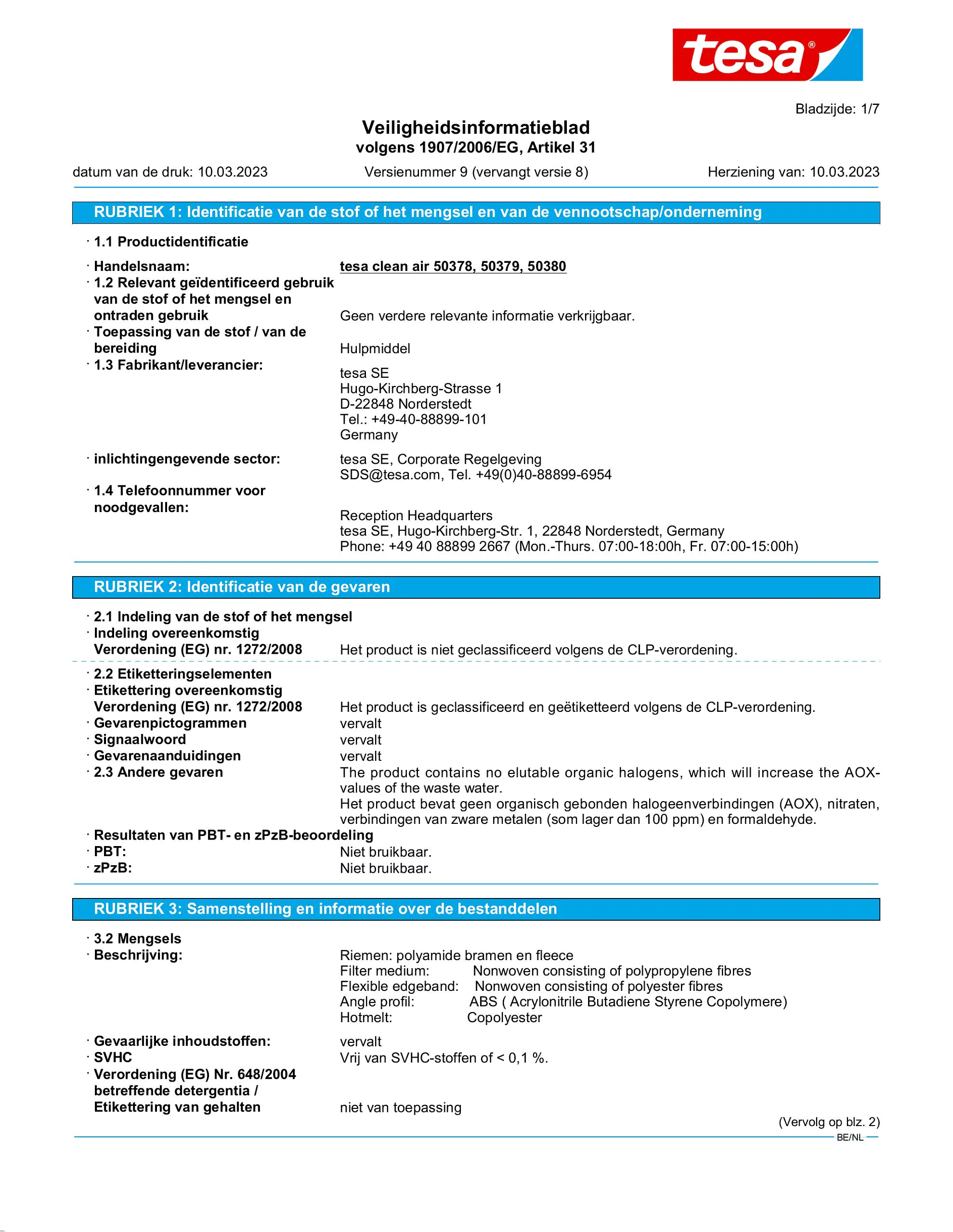 Safety data sheet_tesa® Clean Air 50378_nl-BE_v9