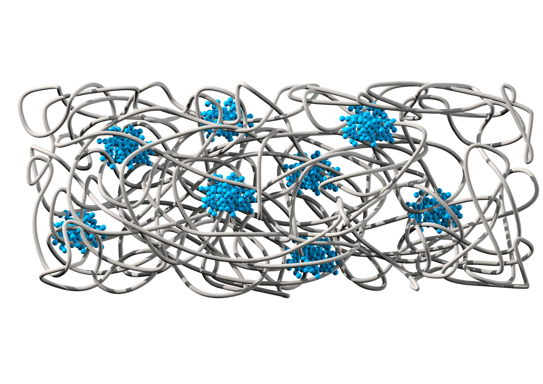 De chemische structuur toont een rubbermatrix (grijs) die voor adhesie en elasticiteit zorgt. De polystyreenkernen (blauw) bieden cohesie en scheurbestendigheid.
