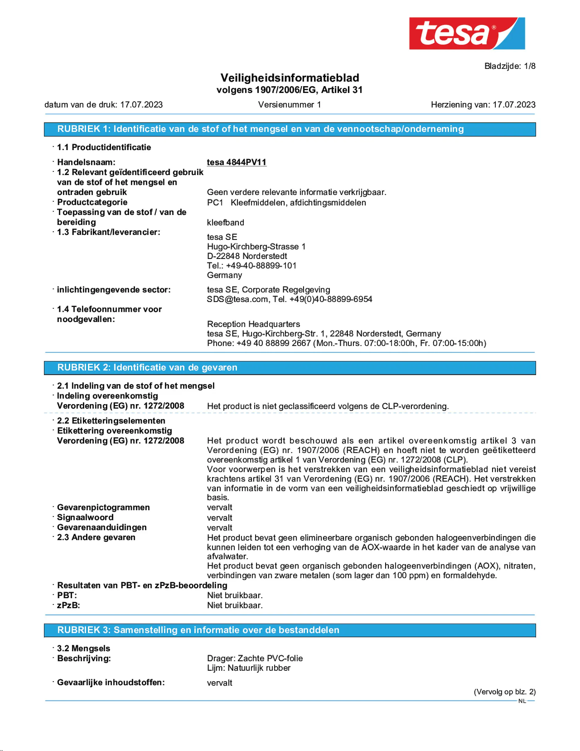 Safety data sheet_tesa® Professional 67001_nl-NL_v1