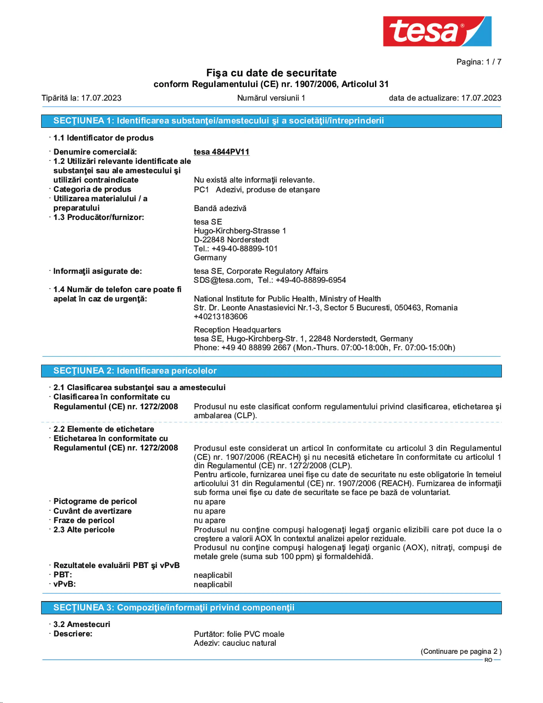 Safety data sheet_tesa® Professional 67001_ro-RO_v1