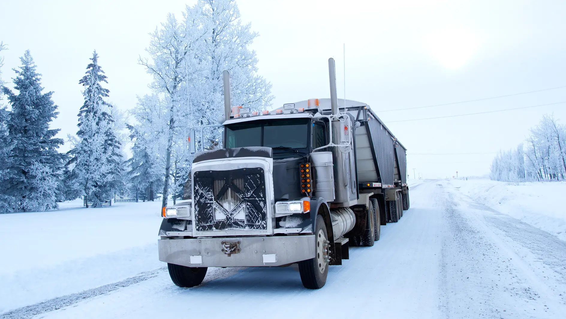 Semi-truck is parked on the icy country road in a foggy winter day, white lanscape and trees covered with snow on the background.