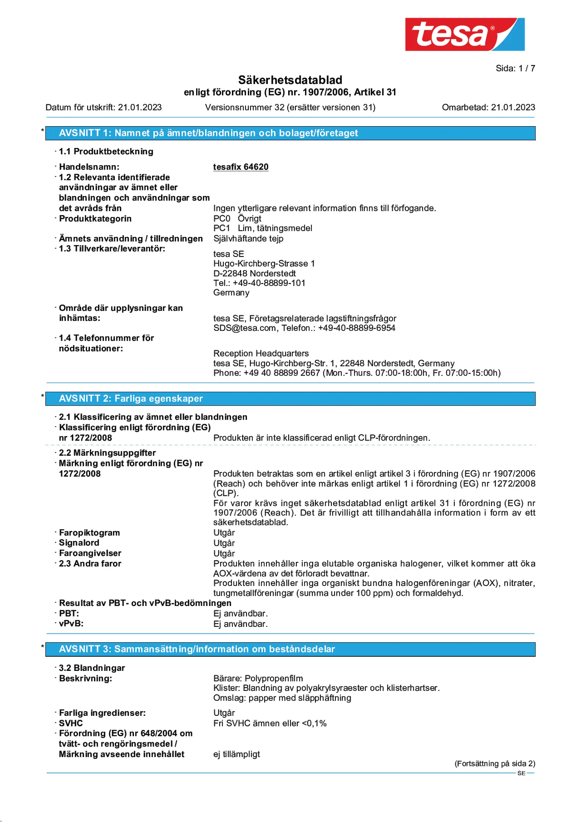 Safety data sheet_tesa® 64620_sv-SE_v32