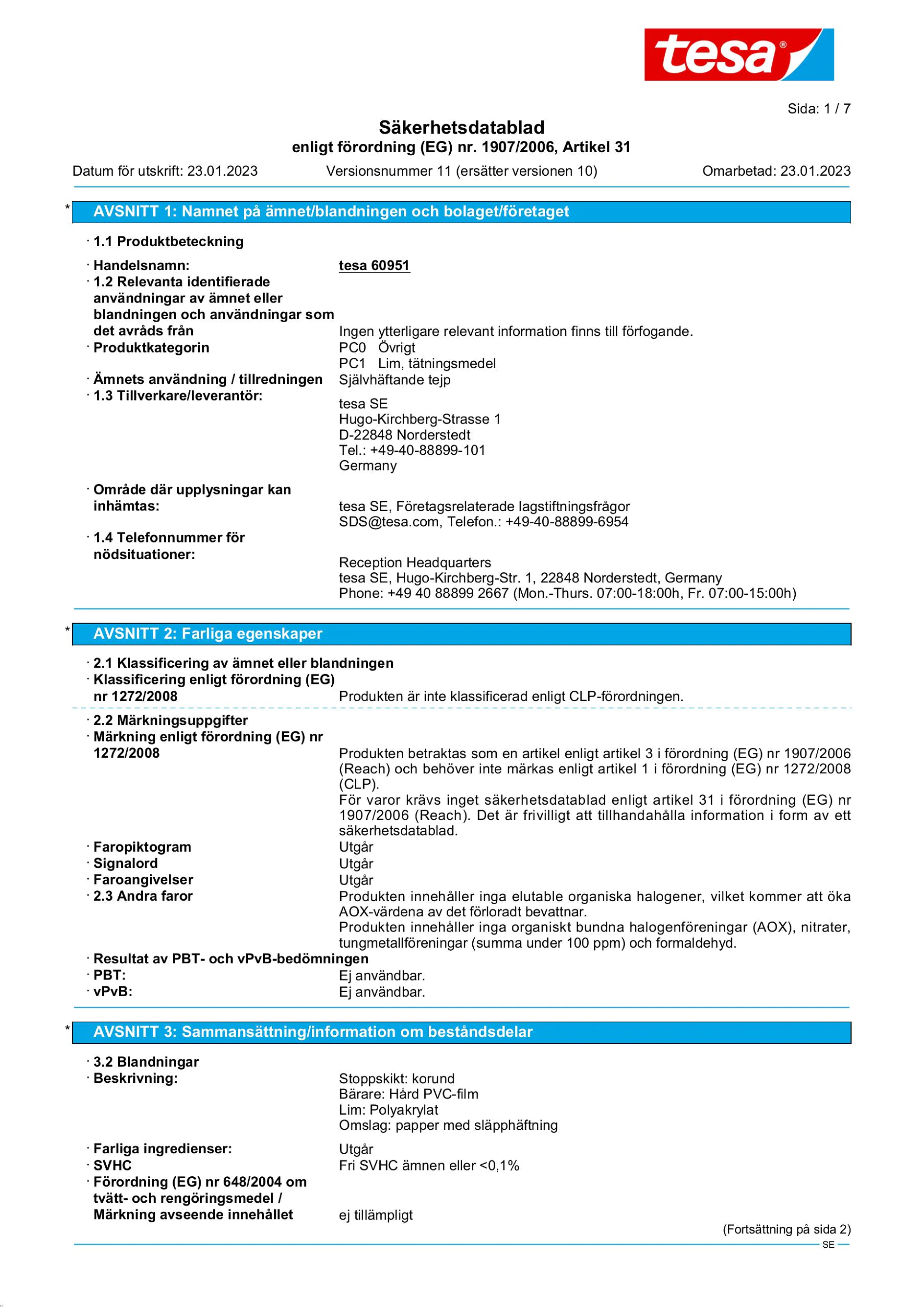 Safety data sheet_tesa® Professional 60951_sv-SE_v11