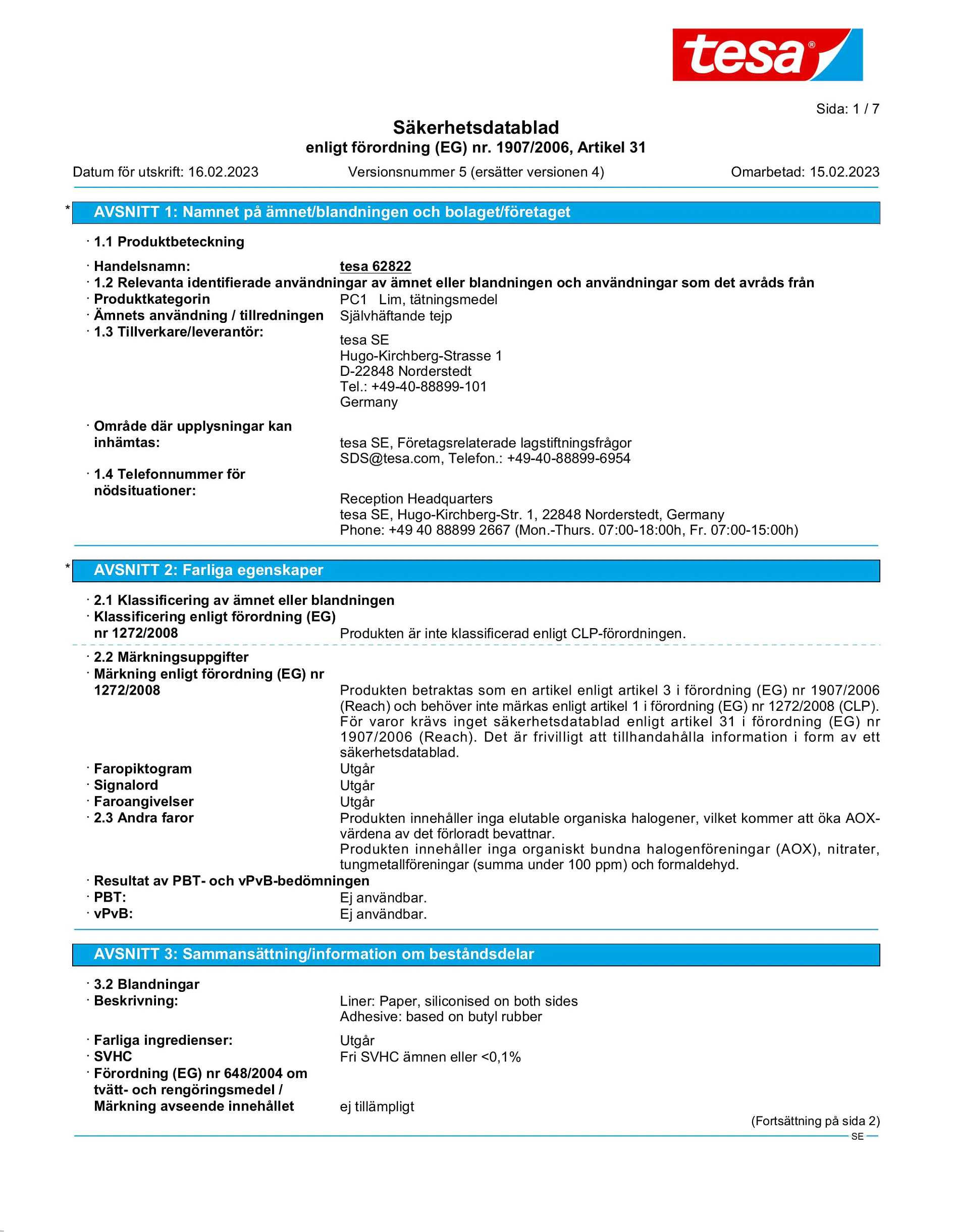 Safety data sheet_tesa® 62822_sv-SE_v5