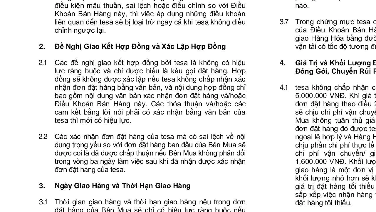 Các Điều Khoản và Điều Kiện Bán và Giao Hàng của tesa Vietnam Limited - VN